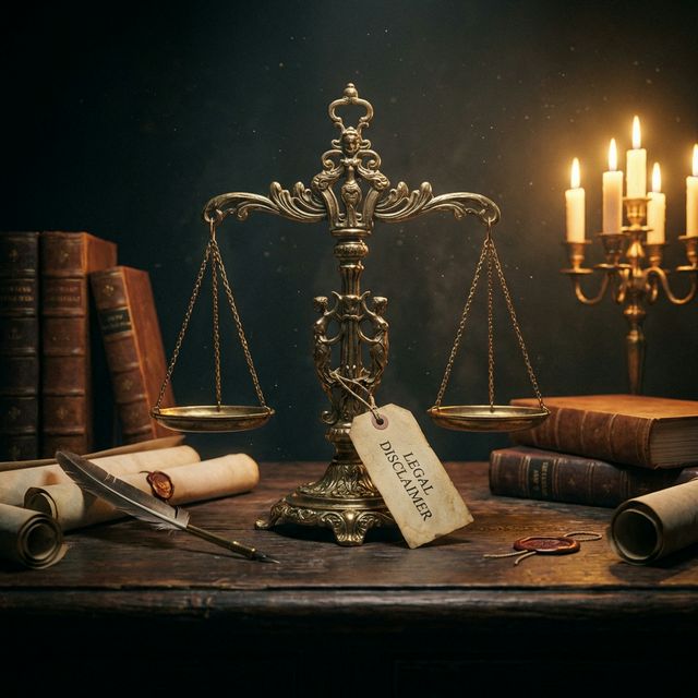 Ornate brass scale of justice on a wooden desk surrounded by old law books — representing fairness, legal notice, and balanced presentation