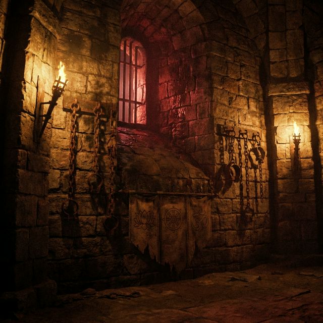 Dark medieval dungeon with chains and shackles — representing the oppression and religious persecution under Sikandar Lodi's rule